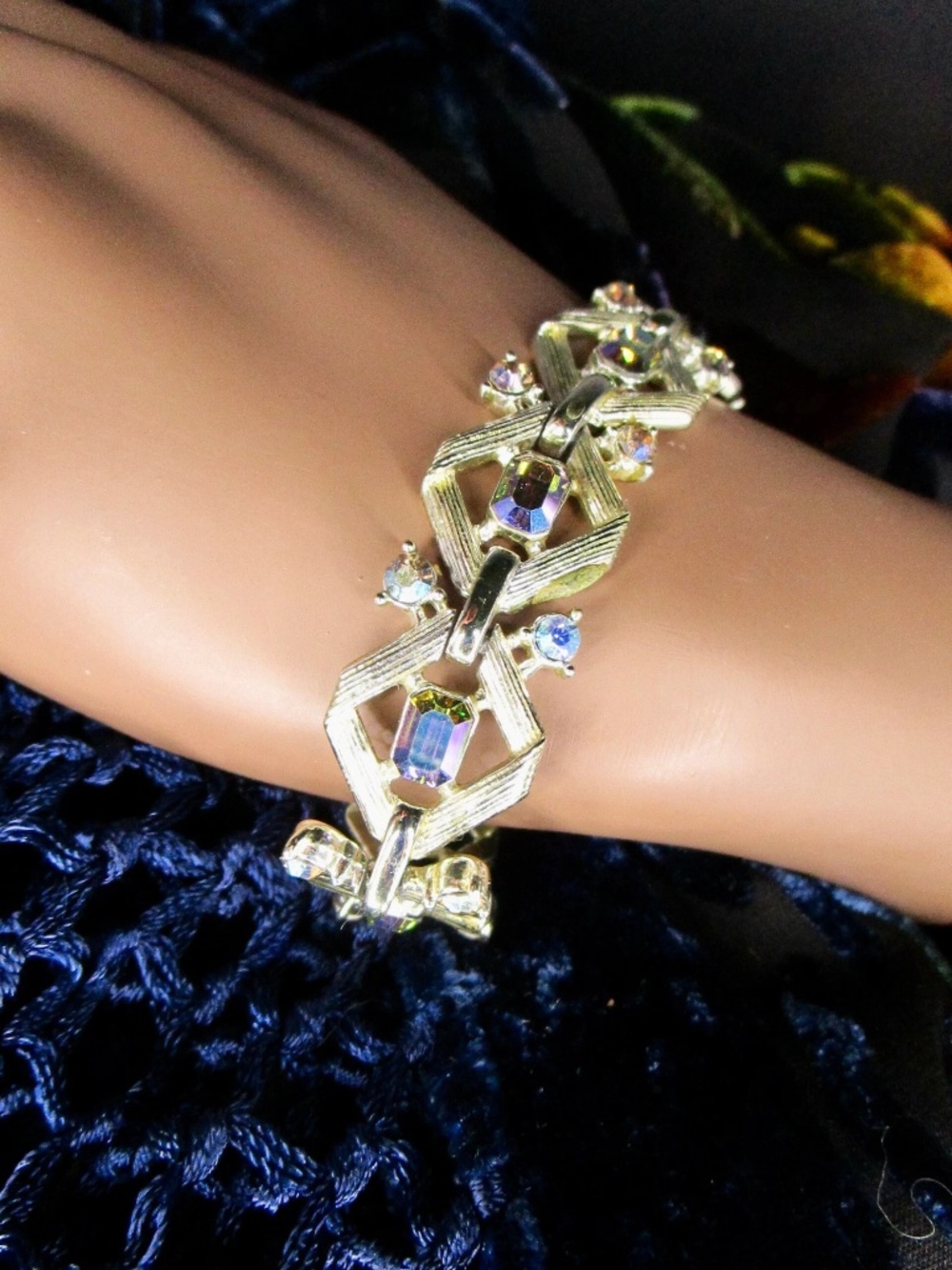 vintage MCM link bracelet with blue borealis rhinestones, signed STAR ... 7.5"
